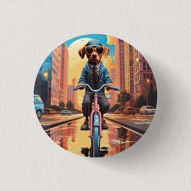 Dog Riding a Bicycle in the City Button (Front)