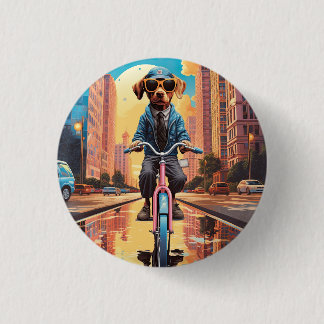 Dog Riding a Bicycle in the City Button