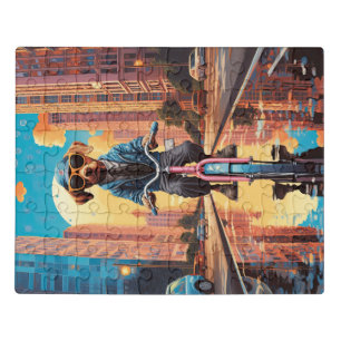 Dog Riding a Bicycle in the City Jigsaw Puzzle