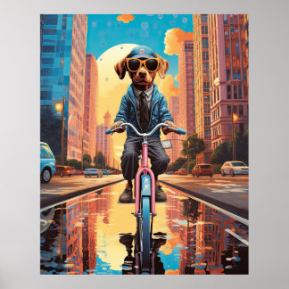 Dog Riding a Bicycle in the City Poster