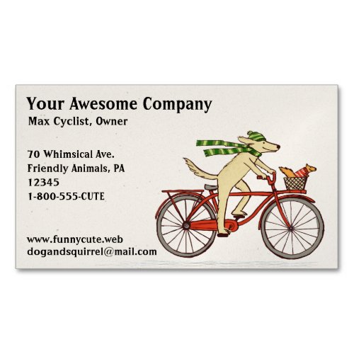 Dog Riding a Bicycle with Squirrel  Cute Animals Magnetic Business Card
