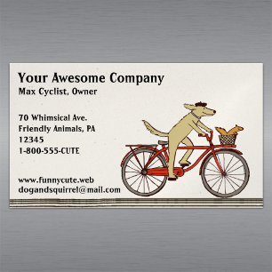 Dog Riding a Bicycle with Squirrel   Cute Animals Magnetic Business Card