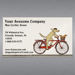 Dog Riding a Bicycle with Squirrel   Cute Animals Magnetic Business Card