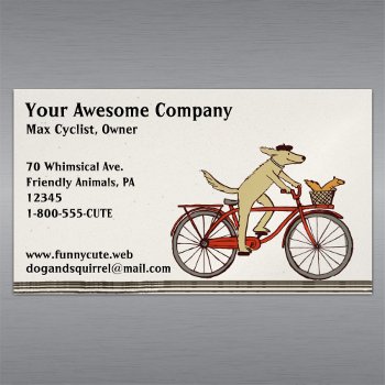 Dog Riding A Bicycle With Squirrel | Cute Animals Magnetic Business Card by jennsdoodleworld at Zazzle