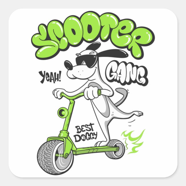 dog riding a scooter square sticker (Front)