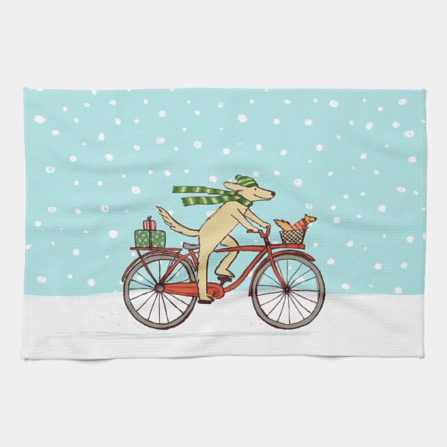Dog Riding Bicycle with Squirrel Christmas Holiday Kitchen Towel (Horizontal)