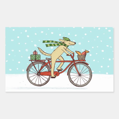 Dog Riding Bicycle with Squirrel Christmas Holiday Rectangular Sticker