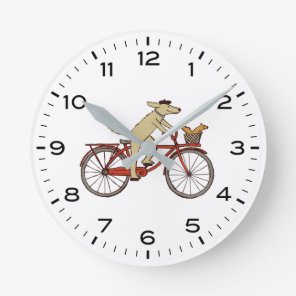Dog Riding Bicycle with Squirrel Cute Whimsical Round Clock