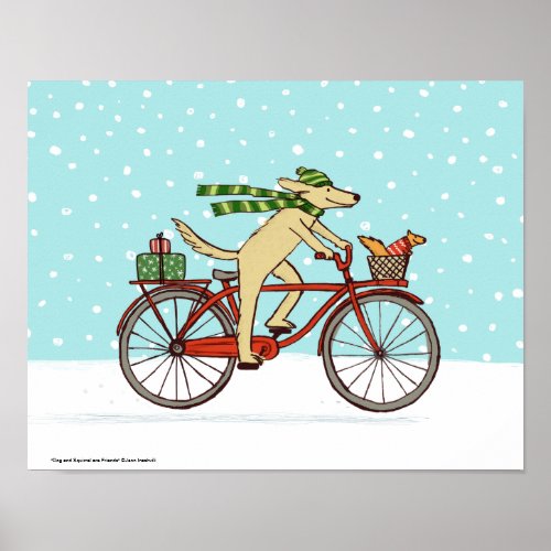 Dog Riding Bicycle with Squirrel Friend Whimsical Poster