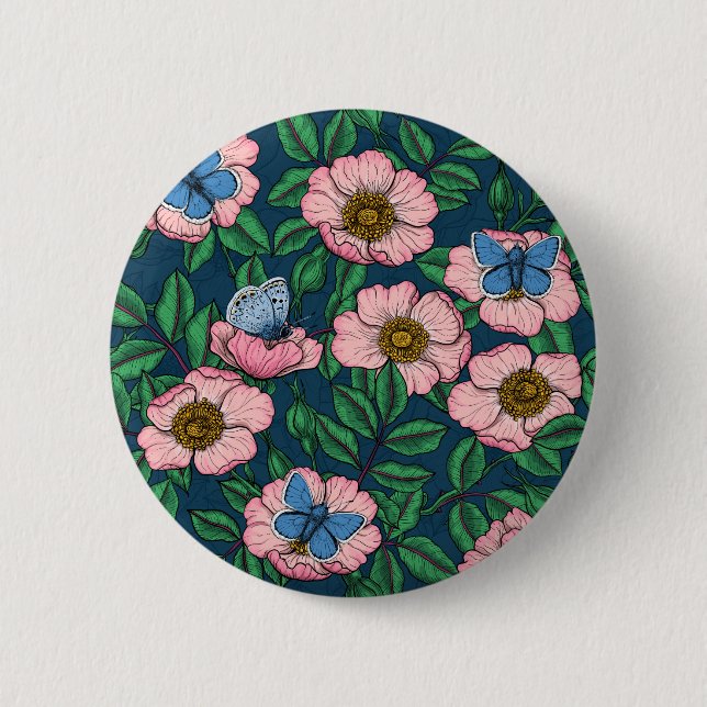 Dog rose and butterflies button (Front)