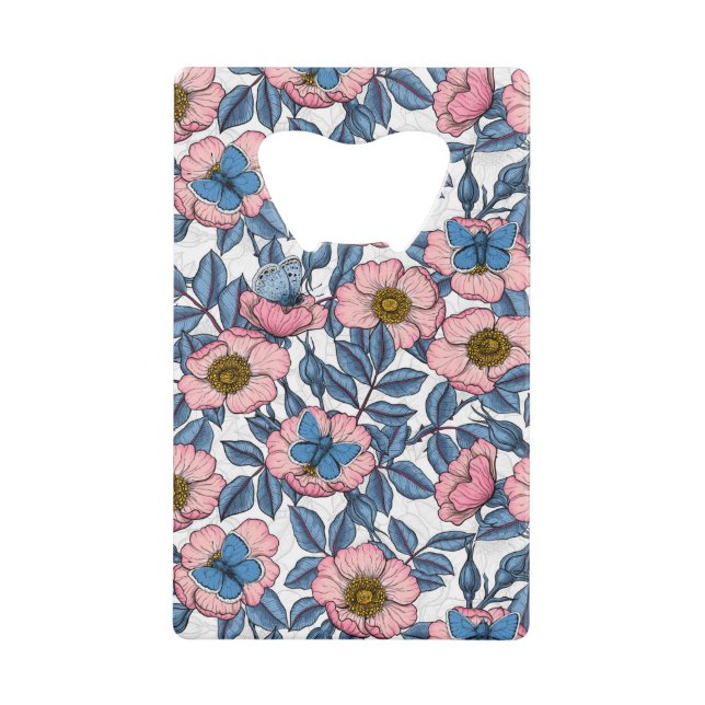 Dog rose and butterflies credit card bottle opener (Front)