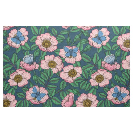 Dog rose and butterflies fabric