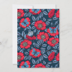Dog rose and butterflies in blue and red