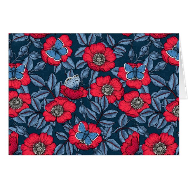 Dog rose and butterflies in blue and red (Front Horizontal)