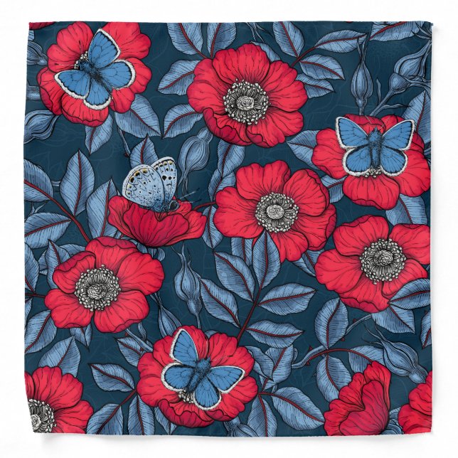 Dog rose and butterflies in blue and red bandana (Front)