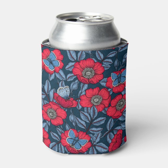Dog rose and butterflies in blue and red can cooler (Can Front)