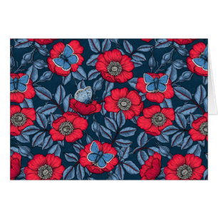 Dog rose and butterflies in blue and red cards
