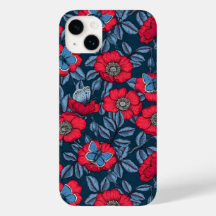 Dog rose and butterflies in blue and red Case-Mate iPhone 14 plus case