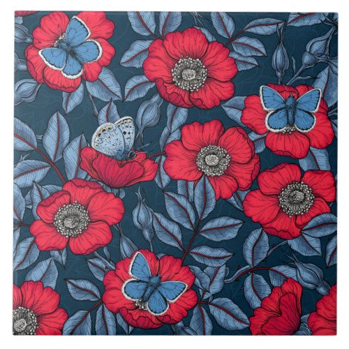 Dog rose and butterflies in blue and red ceramic tile