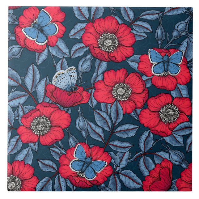 Dog rose and butterflies in blue and red ceramic tile (Front)