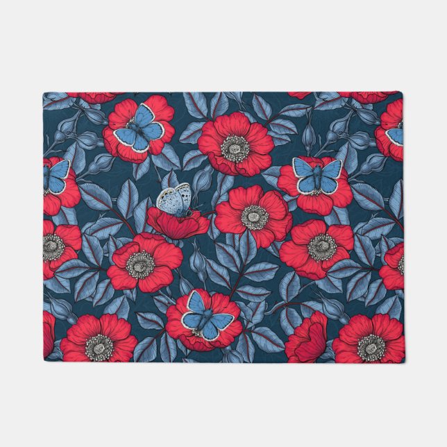 Dog rose and butterflies in blue and red doormat (Front)