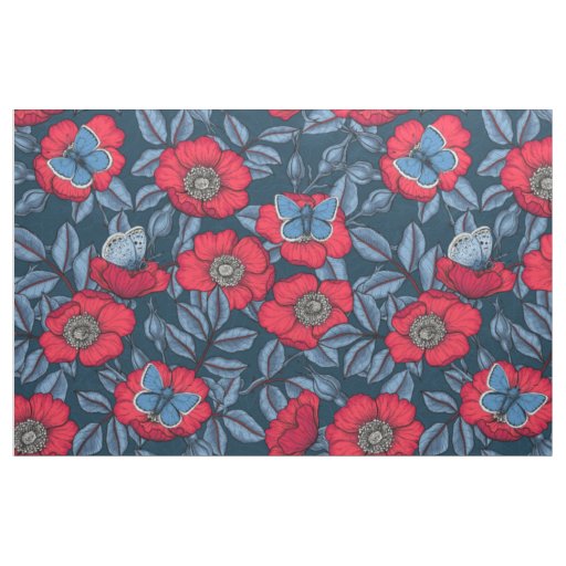 Dog rose and butterflies in blue and red fabric