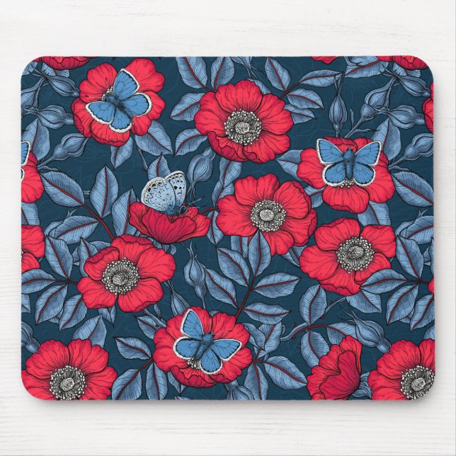 Dog rose and butterflies in blue and red mouse pad (Front)