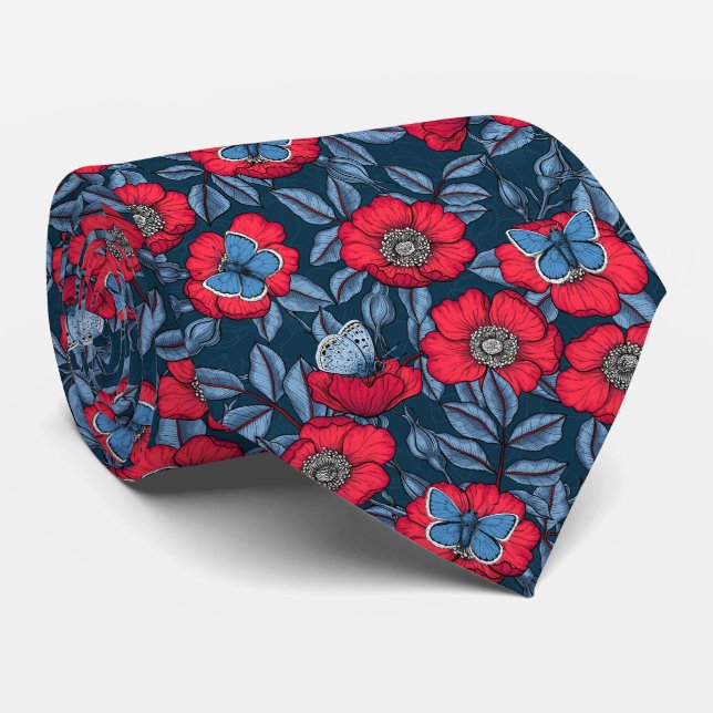 Dog rose and butterflies in blue and red neck tie (Rolled)