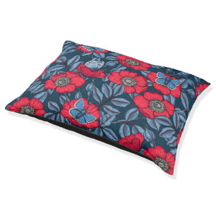 Dog rose and butterflies in blue and red pet bed
