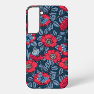 Dog rose and butterflies in blue and red samsung galaxy s22+ case