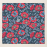Dog rose and butterflies in blue and red scarf<br><div class="desc">Hand drawn vector pattern with dog rose and common blue butterflies</div>