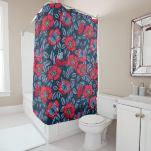 Dog rose and butterflies in blue and red shower curtain
