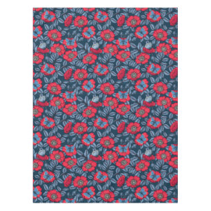 Dog rose and butterflies in blue and red tablecloth