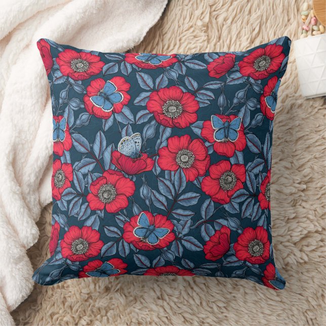 Dog rose and butterflies in blue and red throw pillow (Blanket)