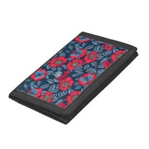 Dog rose and butterflies in blue and red trifold wallet