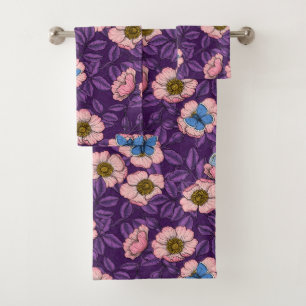 Dog rose and butterflies in pink and purple bath towel set
