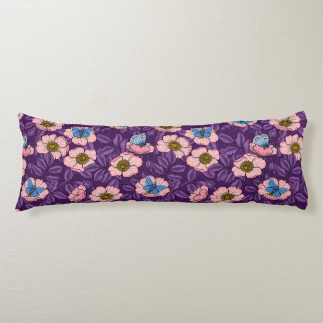 Dog rose and butterflies in pink and purple body pillow (Front)