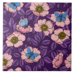 Dog rose and butterflies in pink and purple ceramic tile