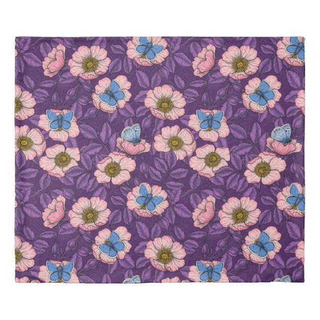 Dog rose and butterflies in pink and purple duvet cover (Front)