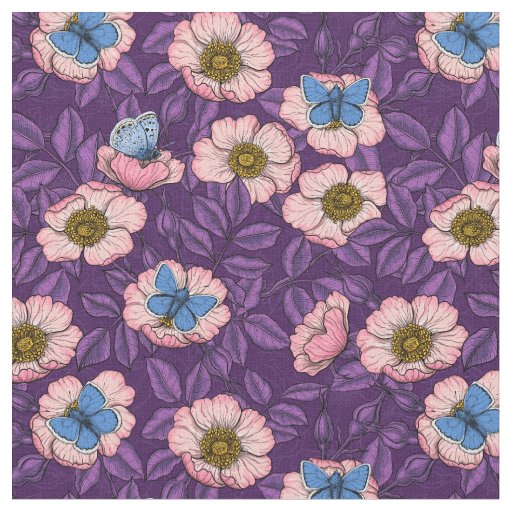 Dog rose and butterflies in pink and purple fabric