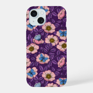 Dog rose and butterflies in pink and purple iPhone 15 case