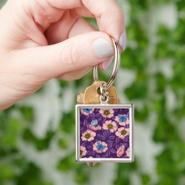 Dog rose and butterflies in pink and purple keychain (Hand)