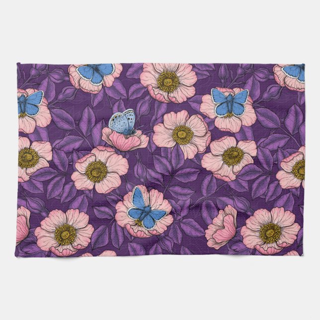 Dog rose and butterflies in pink and purple kitchen towel (Horizontal)