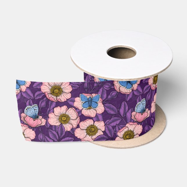 Dog rose and butterflies in pink and purple satin ribbon (Spool)