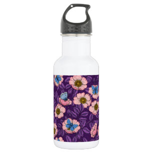 Dog rose and butterflies in pink and purple stainless steel water bottle