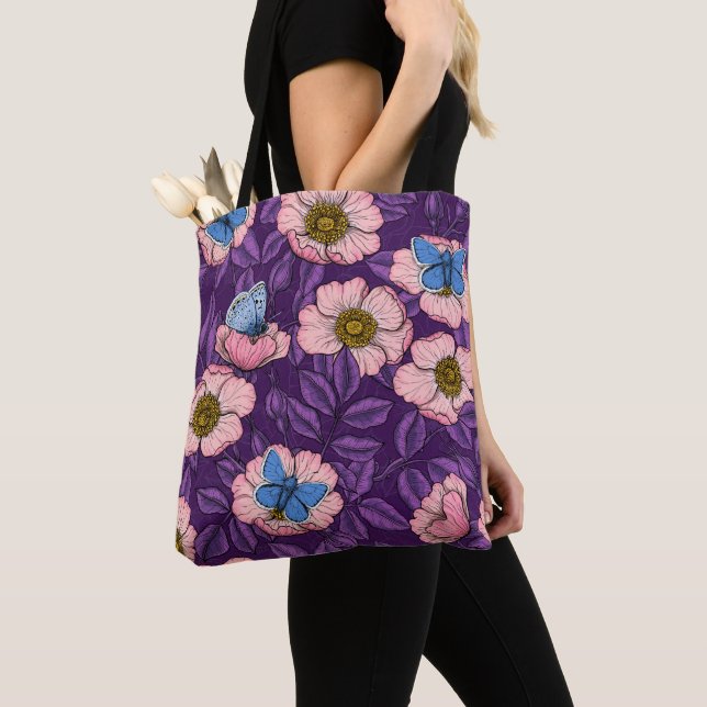 Dog rose and butterflies in pink and purple tote bag (Close Up)