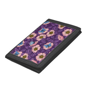 Dog rose and butterflies in pink and purple tri-fold wallet