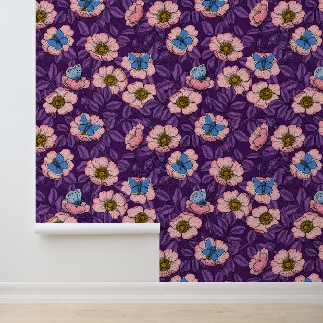 Dog rose and butterflies in pink and purple wallpaper  (Application)