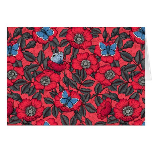 Dog rose and butterflies in red and blue (Front Horizontal)