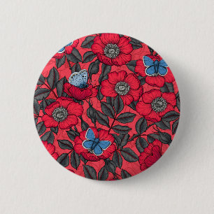 Dog rose and butterflies in red and blue button